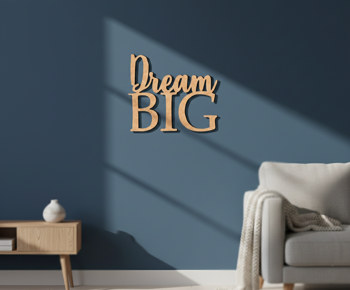 Unpainted MDF Dream Big quote DIY cutout for wall decor and craft projects, mounted on wall
