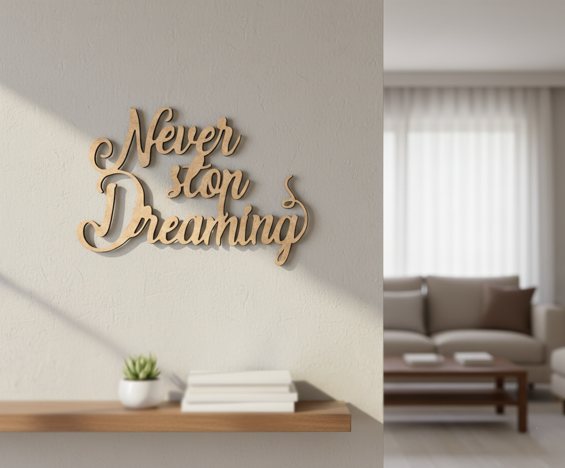 Unpainted MDF Never Stop Dreaming quote DIY cutout for wall decor and craft projects, mounted on wall
