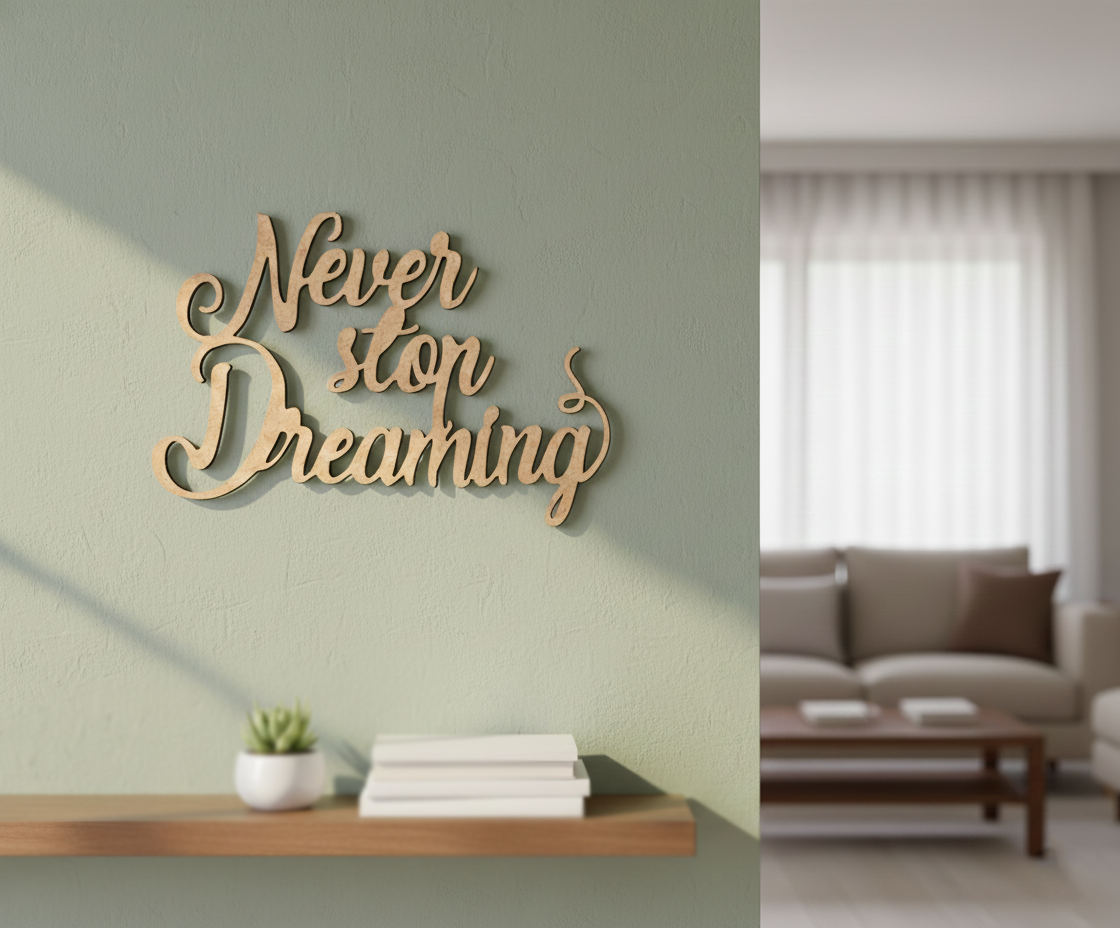 Unpainted MDF Never Stop Dreaming quote DIY cutout for wall decor and craft projects, mounted on wall