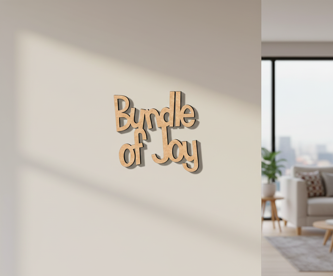 Unpainted MDF Bundle Of Joy quote DIY cutout for wall decor and craft projects, mounted on wall