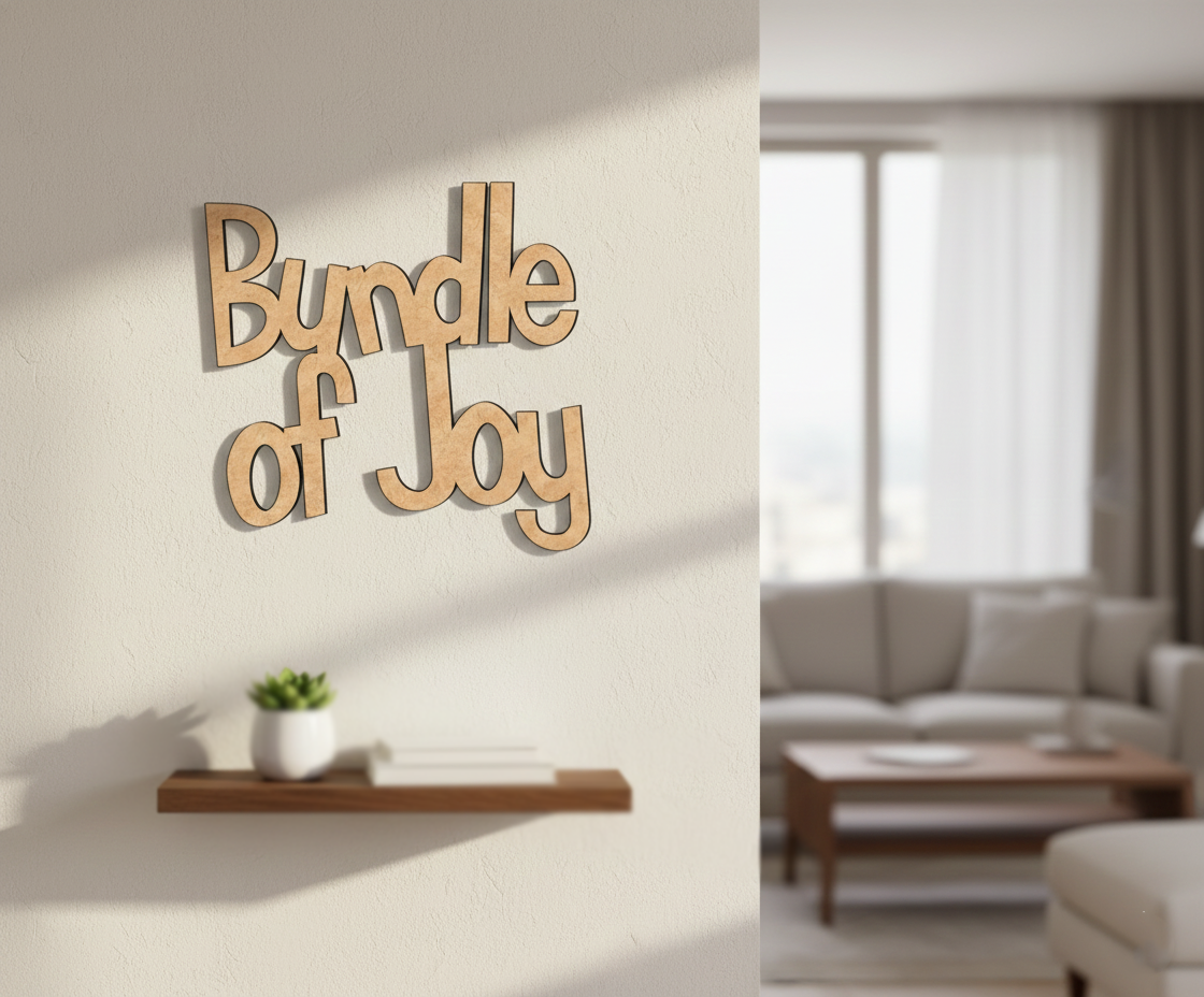 Unpainted MDF Bundle Of Joy quote DIY cutout for wall decor and craft projects, mounted on wall