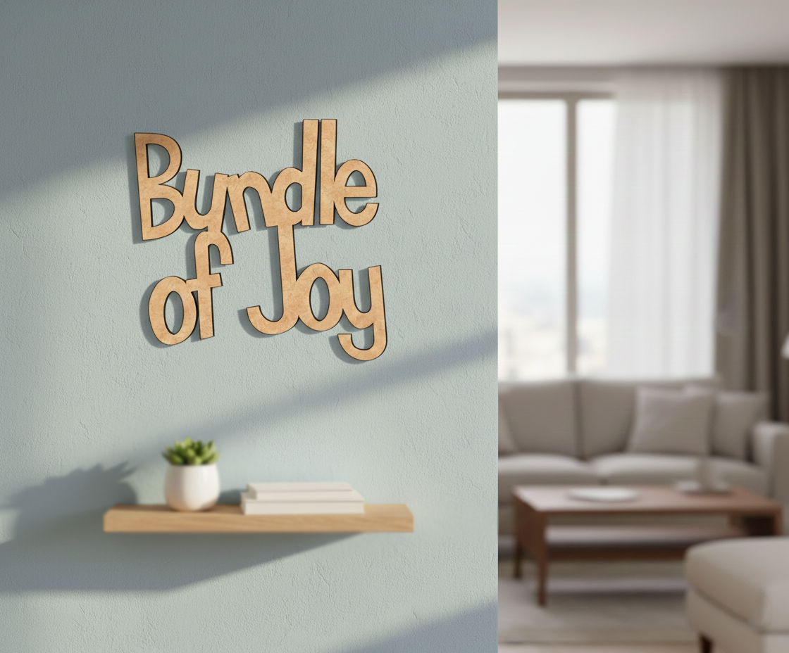 Unpainted MDF Bundle Of Joy quote DIY cutout for wall decor and craft projects, mounted on wall