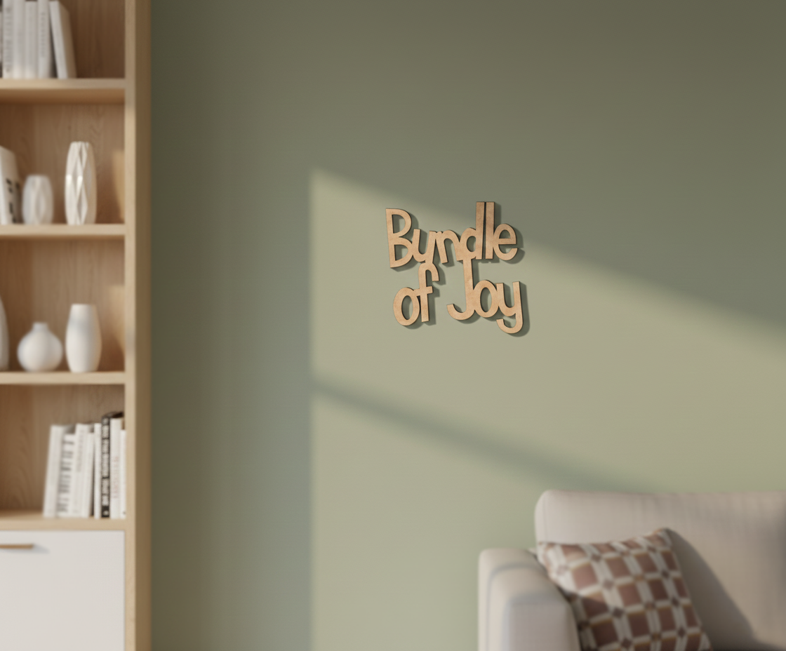 Unpainted MDF Bundle Of Joy quote DIY cutout for wall decor and craft projects, mounted on wall