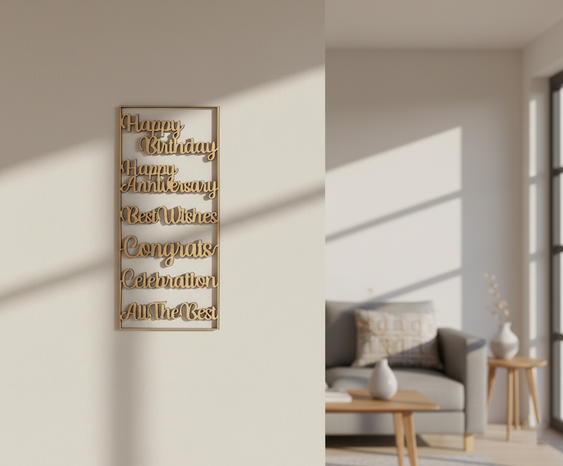 Unpainted MDF celebration quotes wall panel DIY cutout for party decor and craft projects, mounted on wall