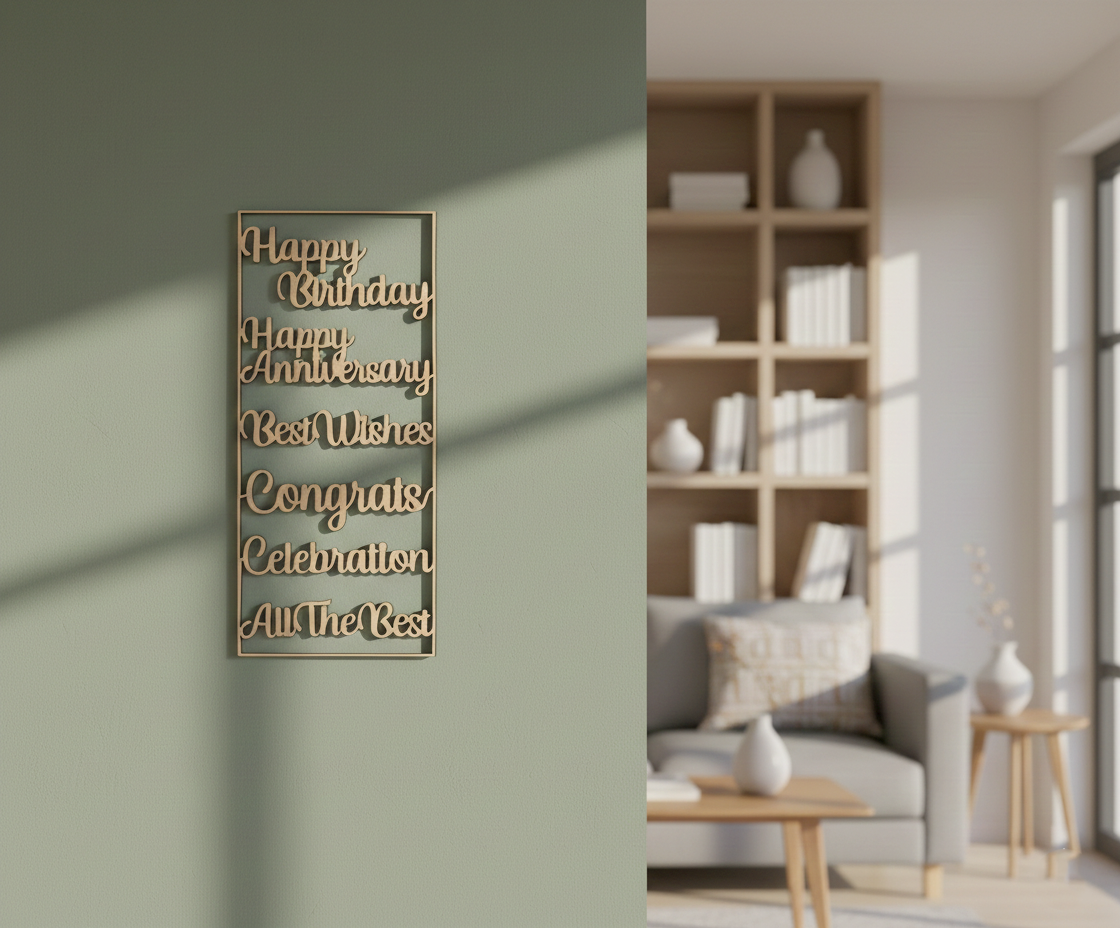 Unpainted MDF celebration quotes wall panel DIY cutout for party decor and craft projects, mounted on wall