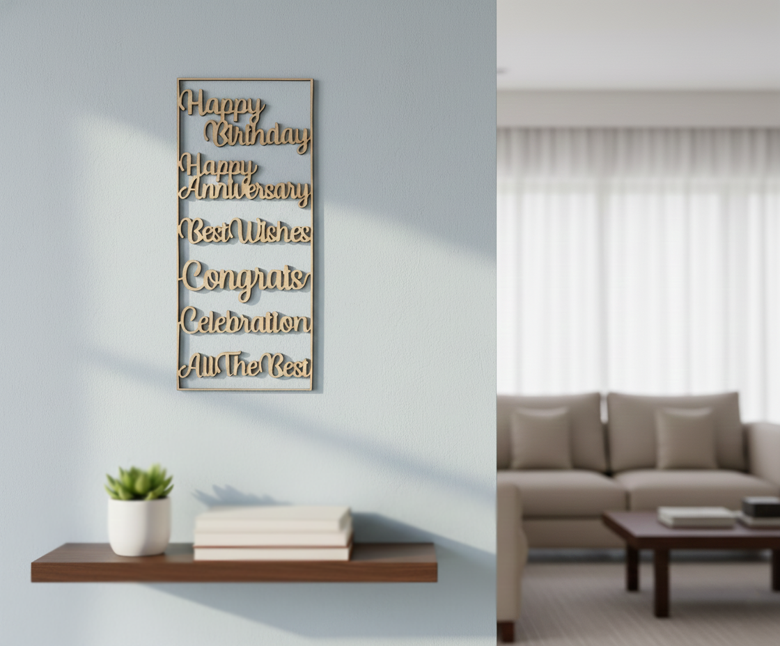 Unpainted MDF celebration quotes wall panel DIY cutout for party decor and craft projects, mounted on wall