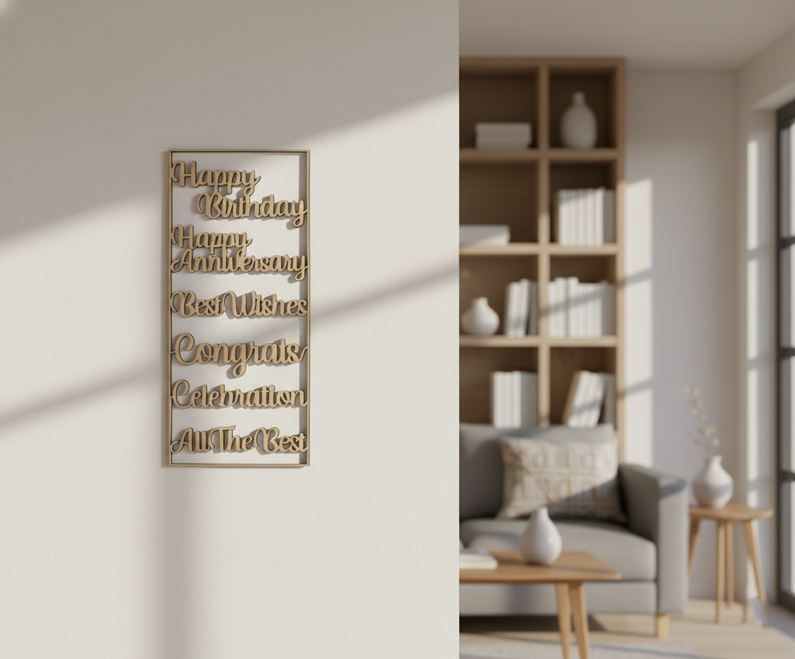 Unpainted MDF celebration quotes wall panel DIY cutout for party decor and craft projects, mounted on wall