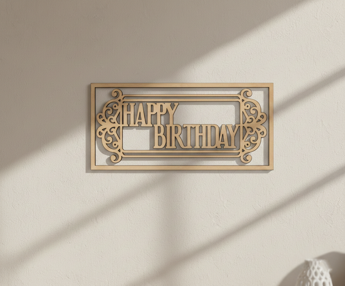 Unpainted MDF Happy Birthday framed DIY cutout for party decor and craft projects, mounted on wall