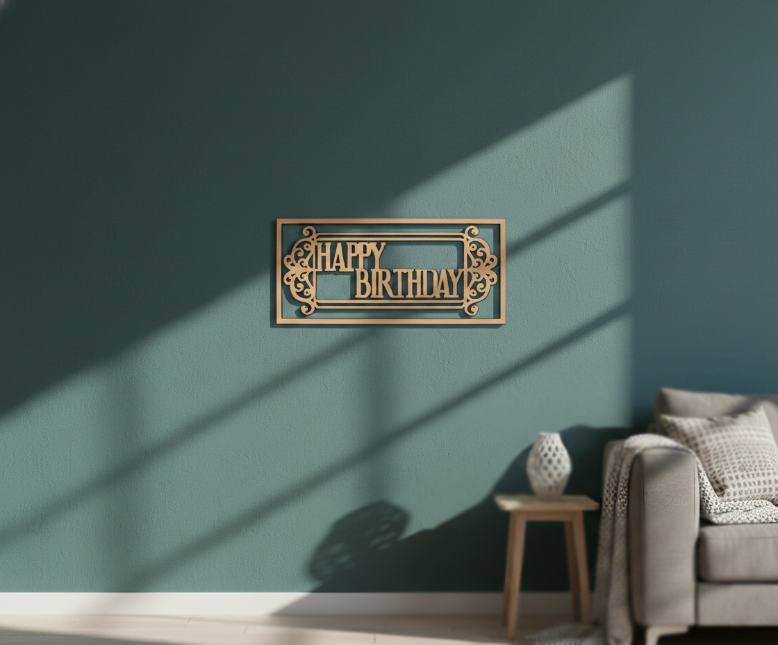 Unpainted MDF Happy Birthday framed DIY cutout for party decor and craft projects, mounted on wall