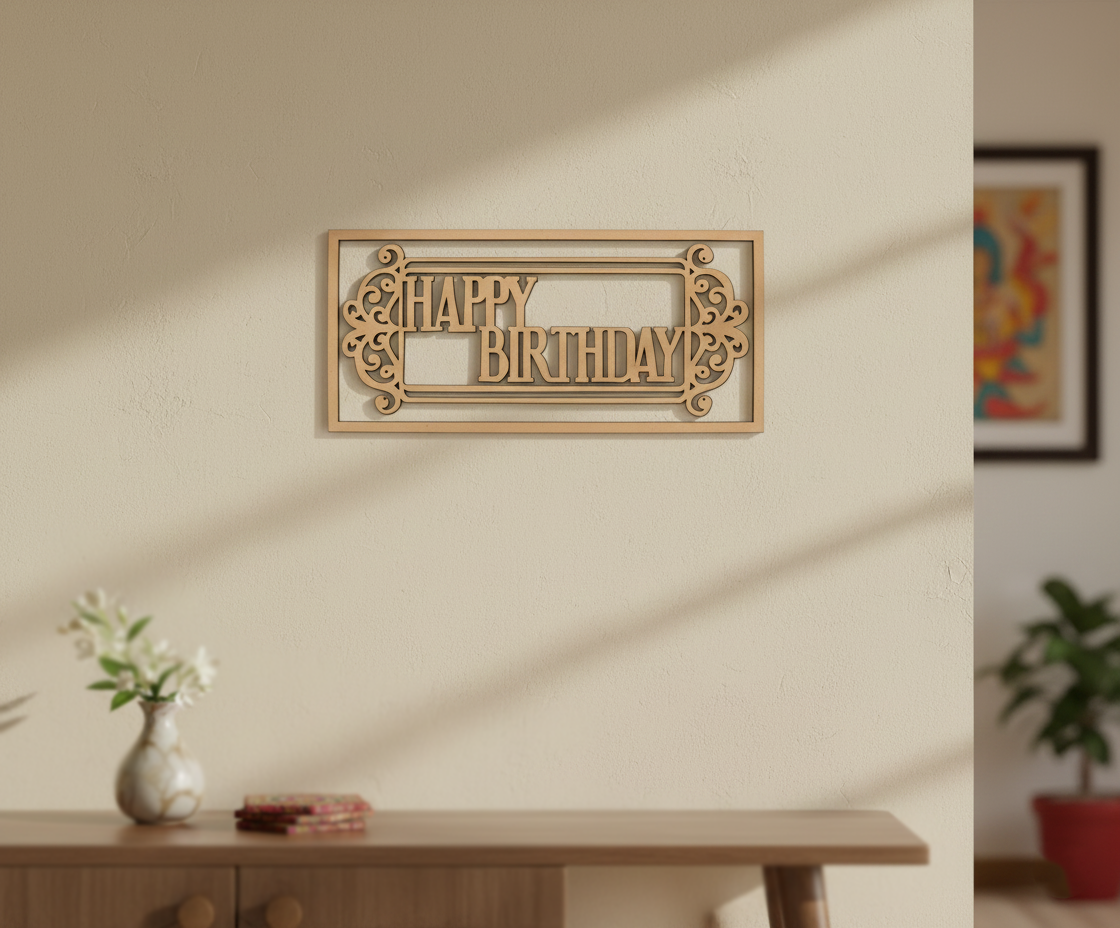 Unpainted MDF Happy Birthday framed DIY cutout for party decor and craft projects, mounted on wall