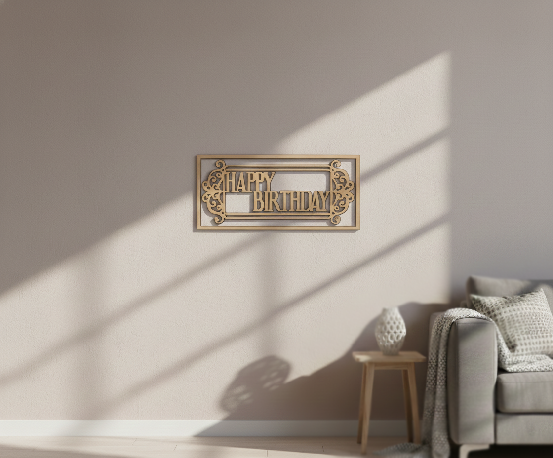 Unpainted MDF Happy Birthday framed DIY cutout for party decor and craft projects, mounted on wall