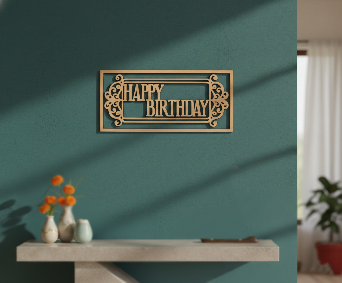 Unpainted MDF Happy Birthday framed DIY cutout for party decor and craft projects, mounted on wall