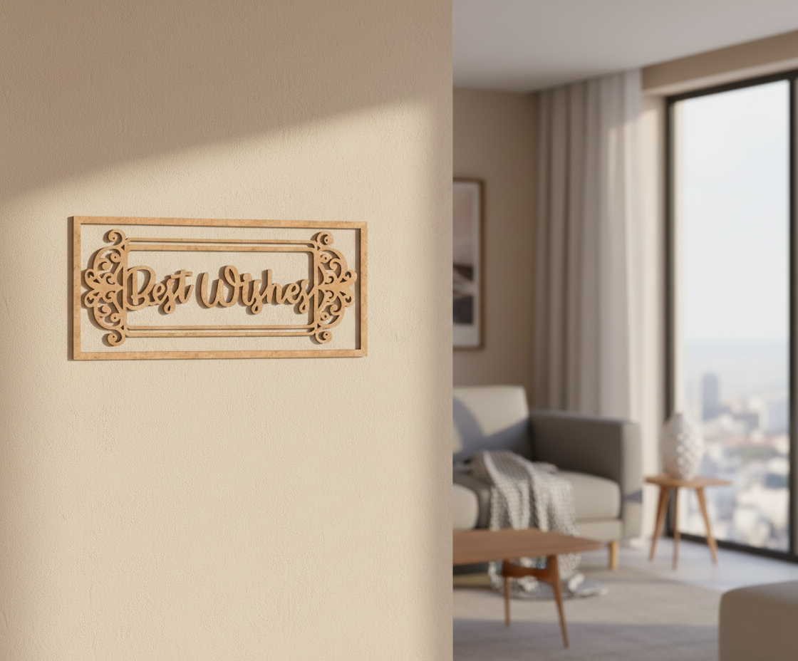 Unpainted MDF Best Wishes framed DIY cutout for wall decor and craft projects, mounted on wall