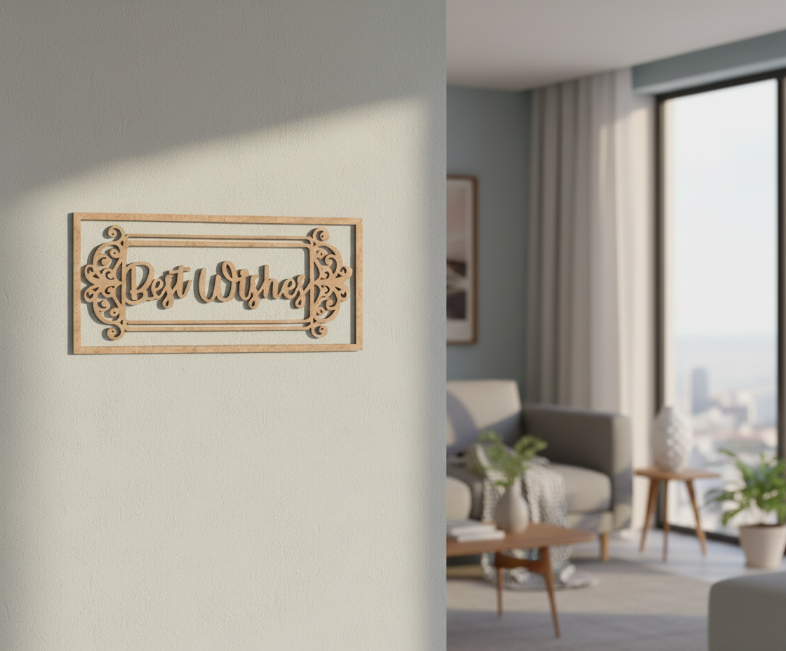 Unpainted MDF Best Wishes framed DIY cutout for wall decor and craft projects, mounted on wall