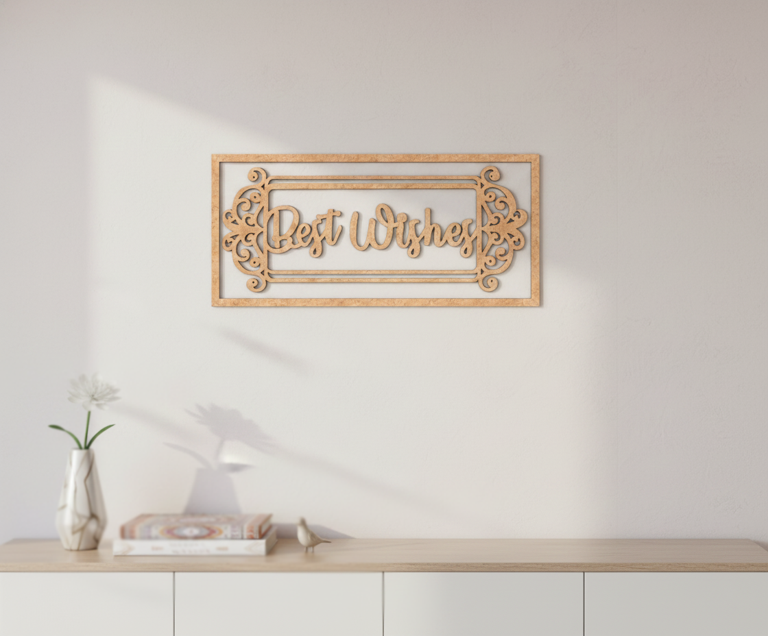 Unpainted MDF Best Wishes framed DIY cutout for wall decor and craft projects, mounted on wall