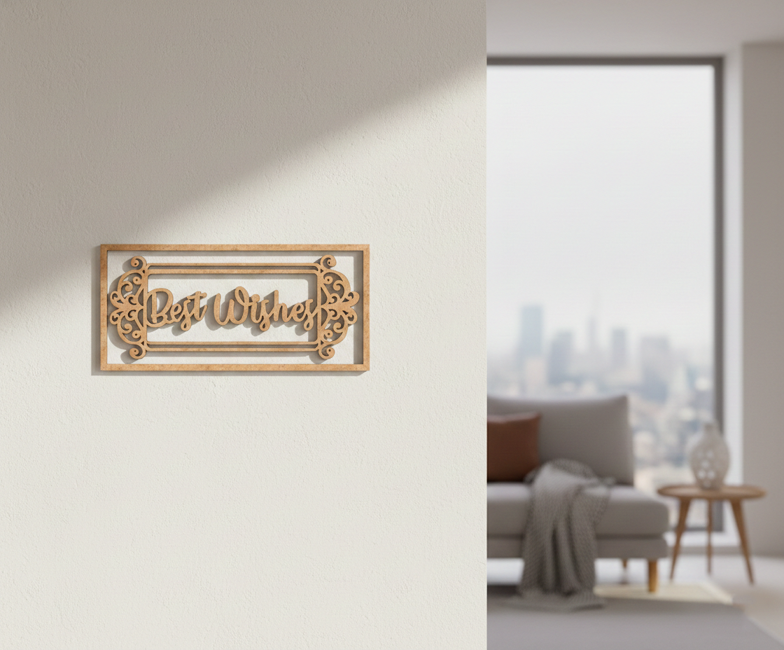 Unpainted MDF Best Wishes framed DIY cutout for wall decor and craft projects, mounted on wall