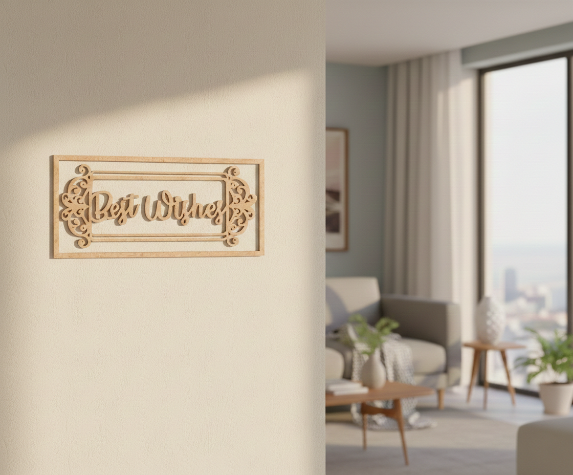 Unpainted MDF Best Wishes framed DIY cutout for wall decor and craft projects, mounted on wall