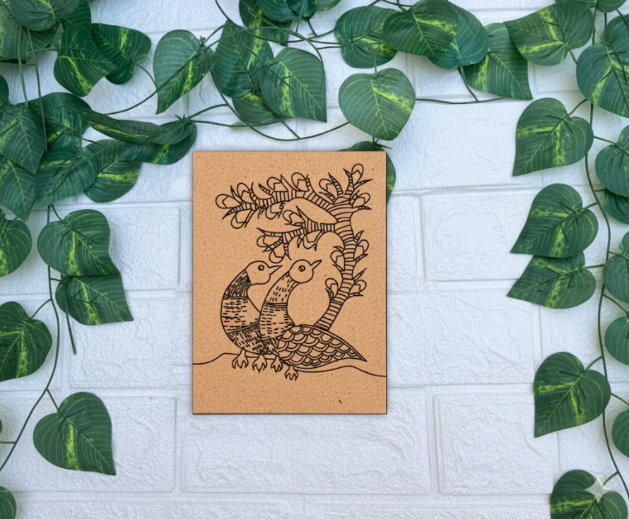 Traditional DIY MDF Painting Base with Bird Pair Under Tree Design
