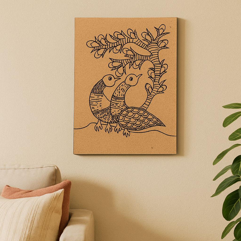 Traditional DIY MDF Painting Base with Bird Pair Under Tree Design