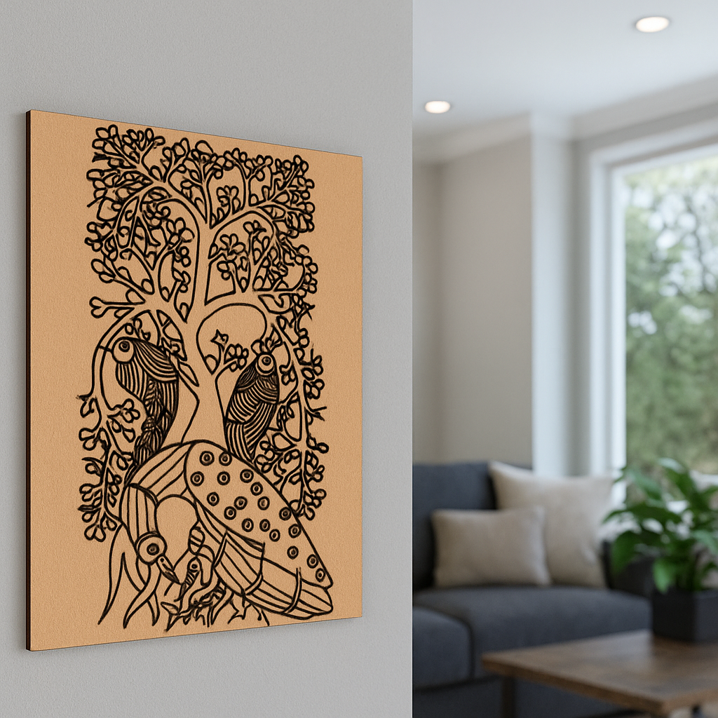 Traditional DIY MDF Painting Base with Birds Under Flowering Tree side angle 