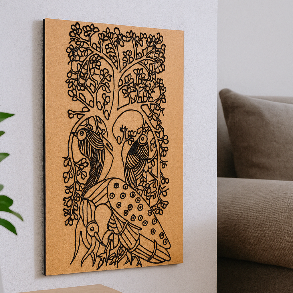 Traditional DIY MDF Painting Base with Birds Under Flowering Tree side angle 