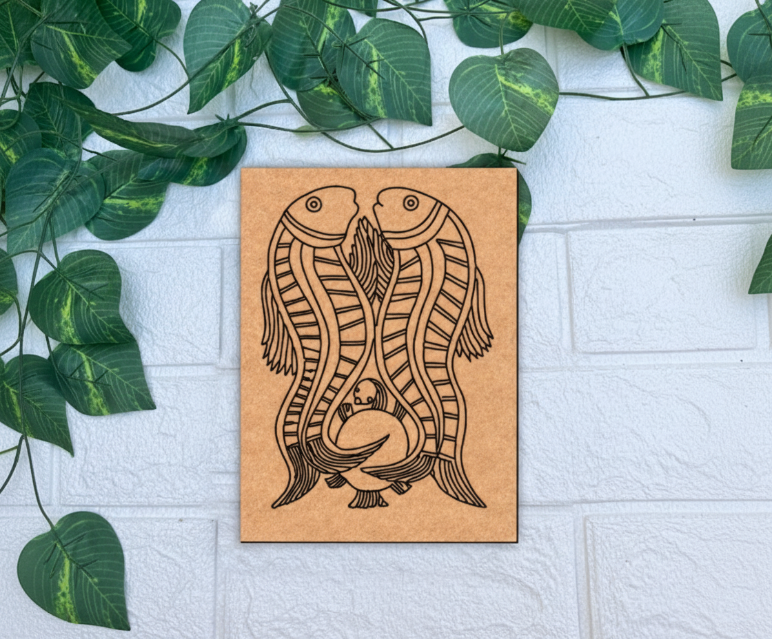 Traditional MDF DIY Painting Base with Twin Fish Folk Art Design