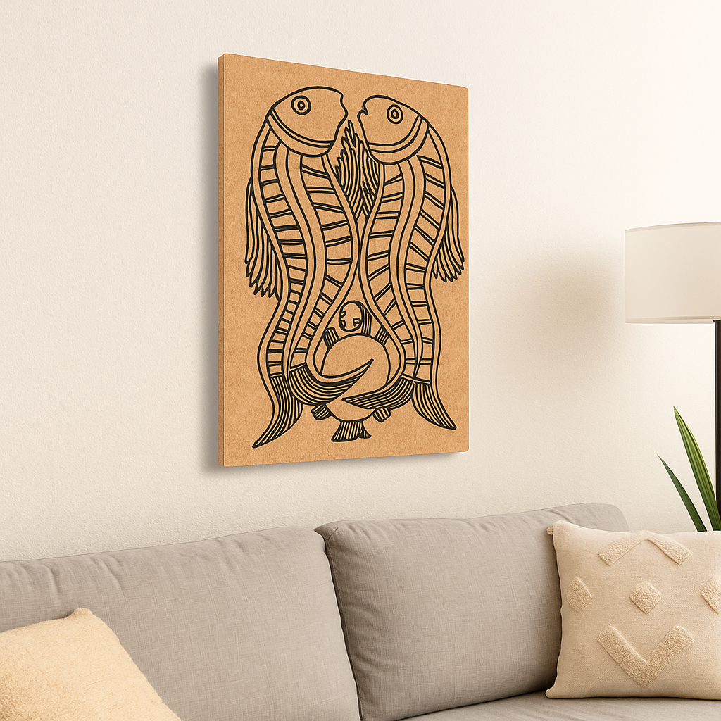 Traditional MDF DIY Painting Base with Twin Fish Folk Art Design side angle 