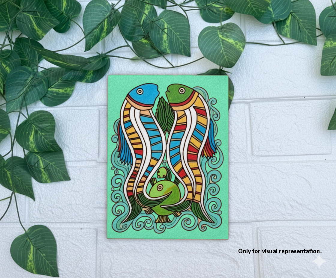 Traditional MDF DIY Painting Base with Twin Fish Folk Art Design coloured