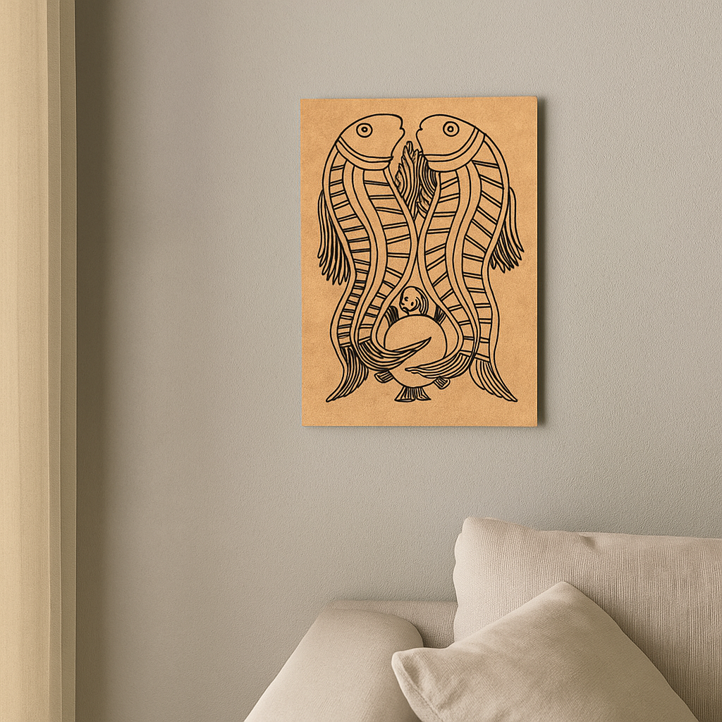 Traditional MDF DIY Painting Base with Twin Fish Folk Art Design