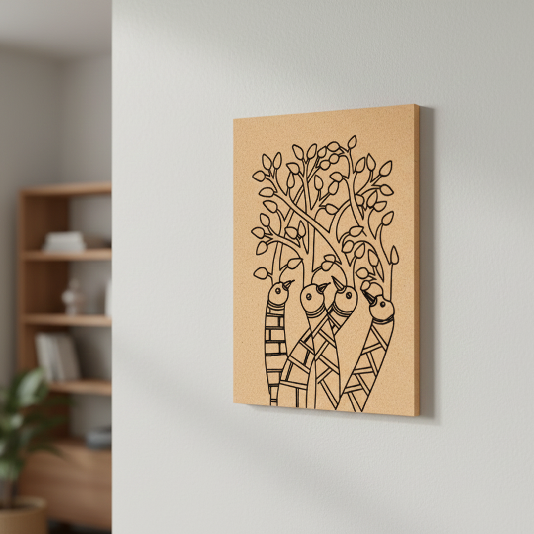 Traditional Painting MDF DIY Art Base with Tribal Birds and Tree Artwork side angle 
