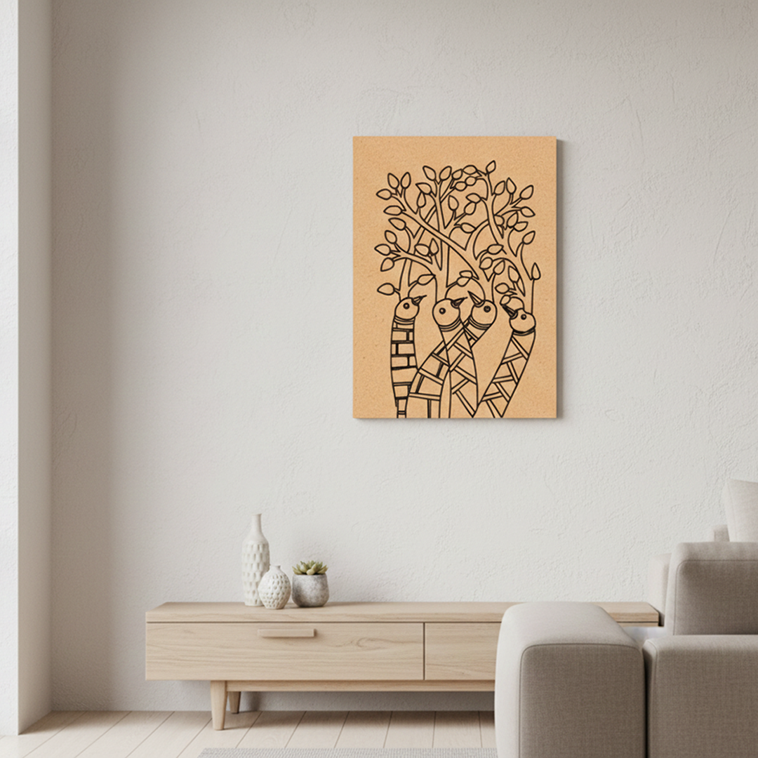 Traditional Painting MDF DIY Art Base with Tribal Birds and Tree Artwork