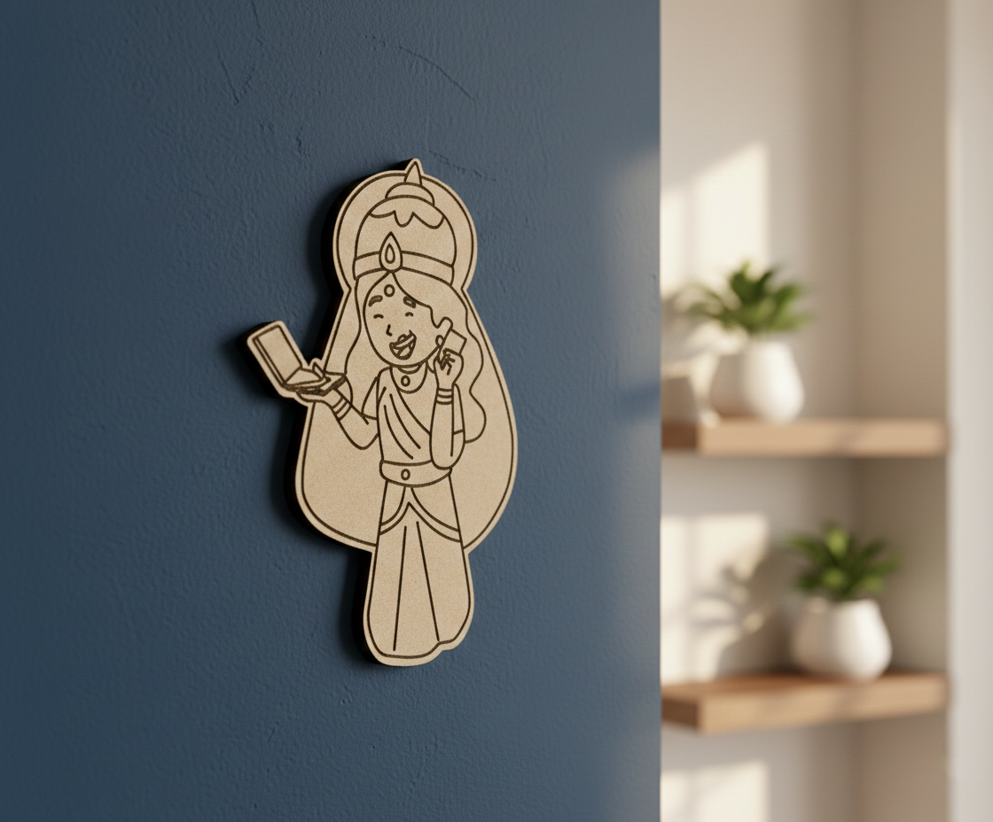 Decorative MDF DIY wall art of a woman holding a thing on a blue wall.
