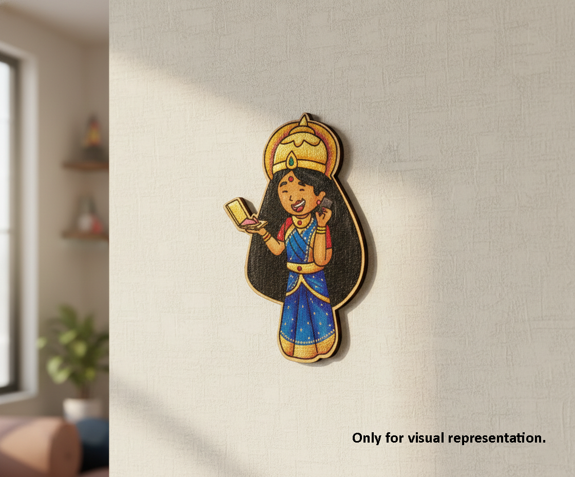 Decorative MDF DIY wall art of a cartoon character holding a phone on a neutral wall.