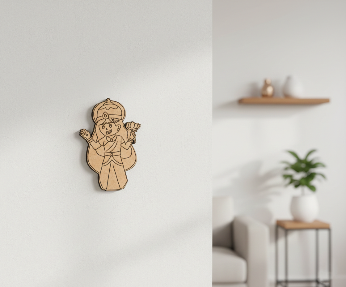 MDF DIY  wall decoration of a cartoon character on a white wall with a blurred living room in the background.