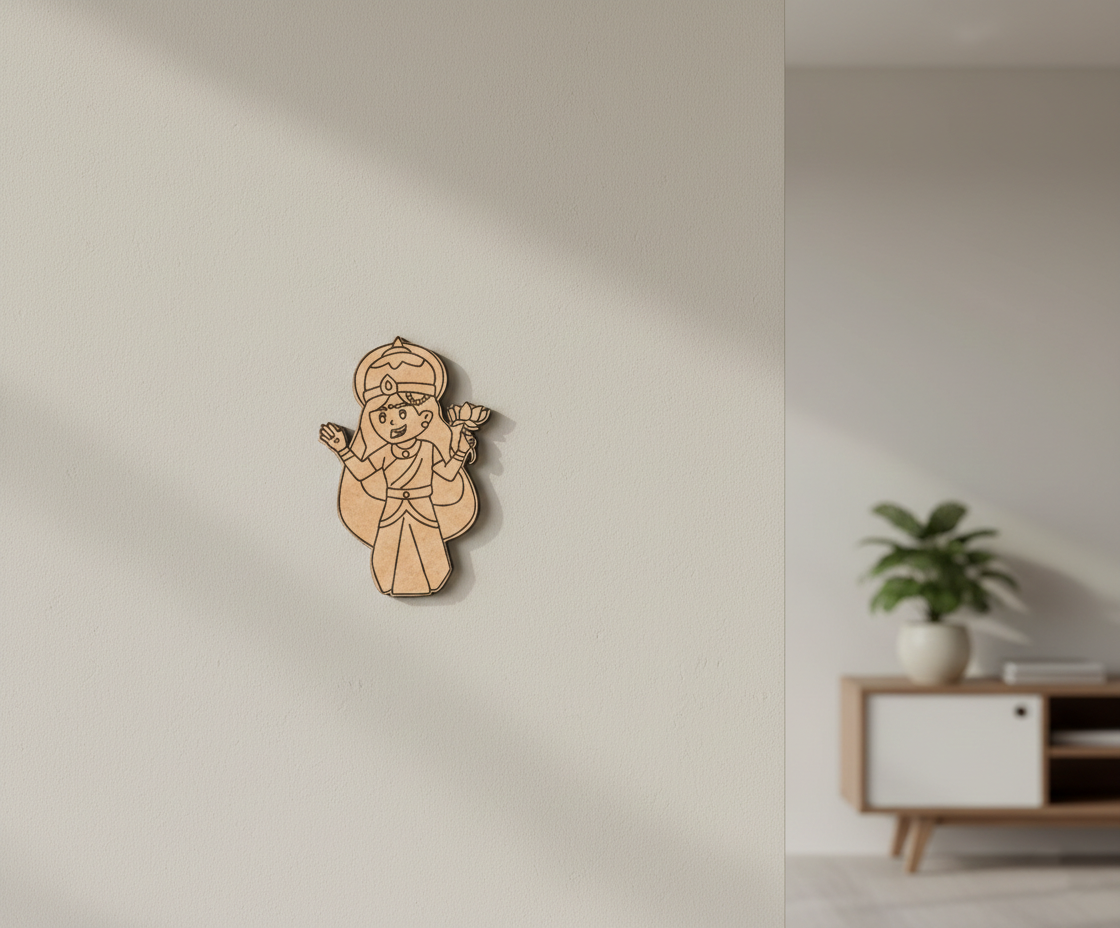 MDF DIY  wall decoration of a child holding a flower on a plain wall.