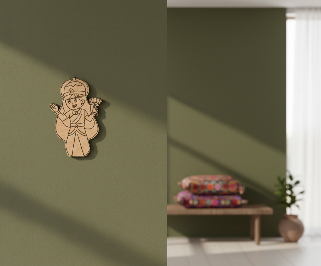 MDF DIY decorative figure on a green wall with a bench and pillows in the background