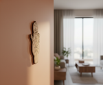 Decorative MDF DIY wall art of a hand with a face on a beige wall in a living room.