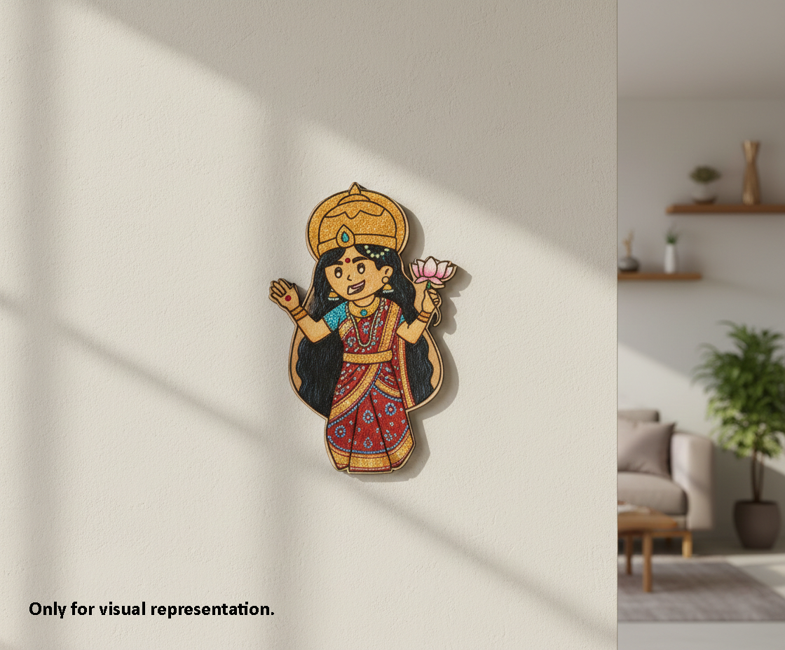Decorative MDF DIY wall art of a traditional figure holding a lotus in a living room setting.