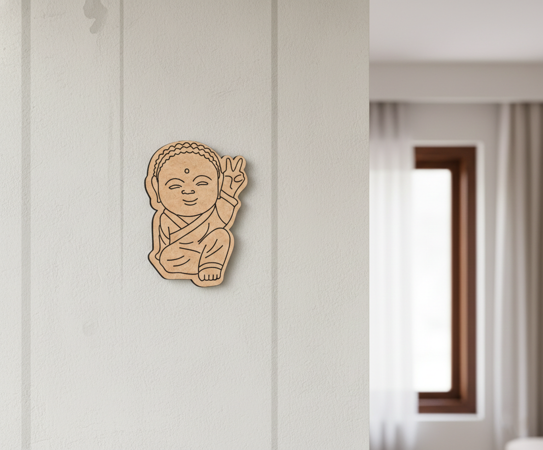 MDF DIY wall art  of a baby Buddha on a white wall