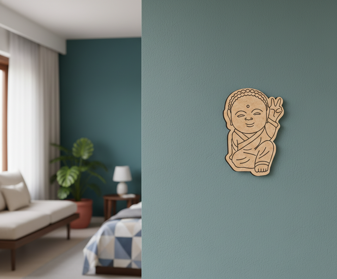 MDF DIY  wall art decoration of a seated figure on a blue wall in a room with a couch and plant.