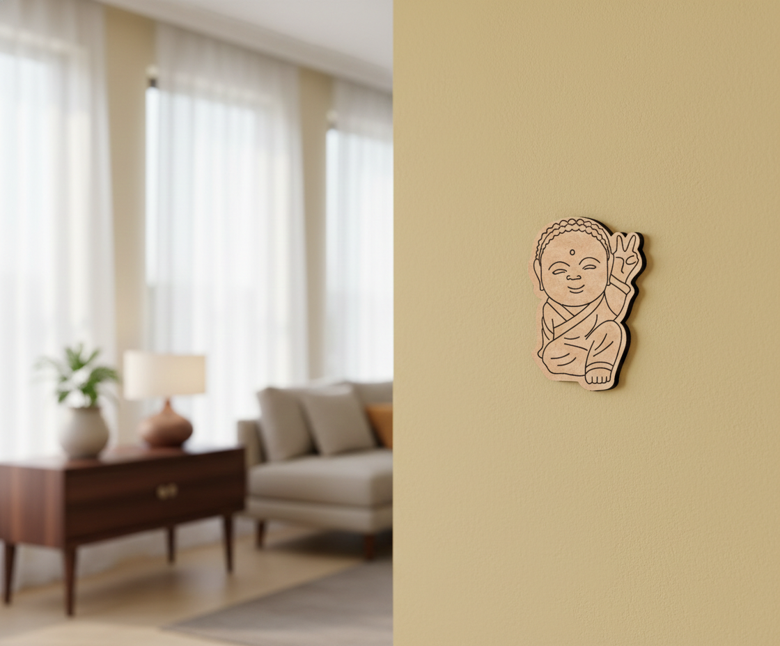 MDF DIY wall art decoration of a baby Buddha on a beige wall in a living room.