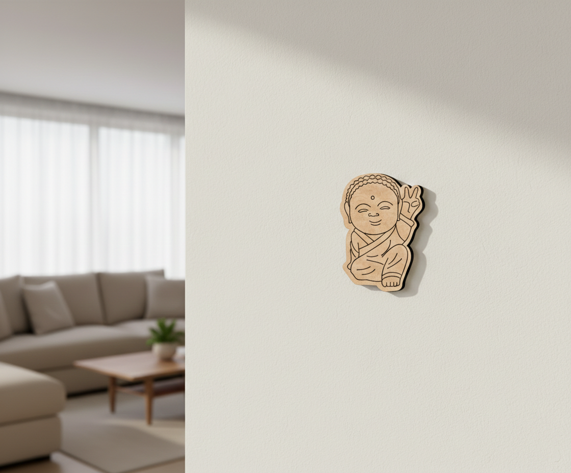 MDF DIY  wall art decoration of a baby on a light-colored wall in a living room.