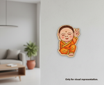 MDF DIY wall art of a child in orange clothing on a wall in a living room setting.