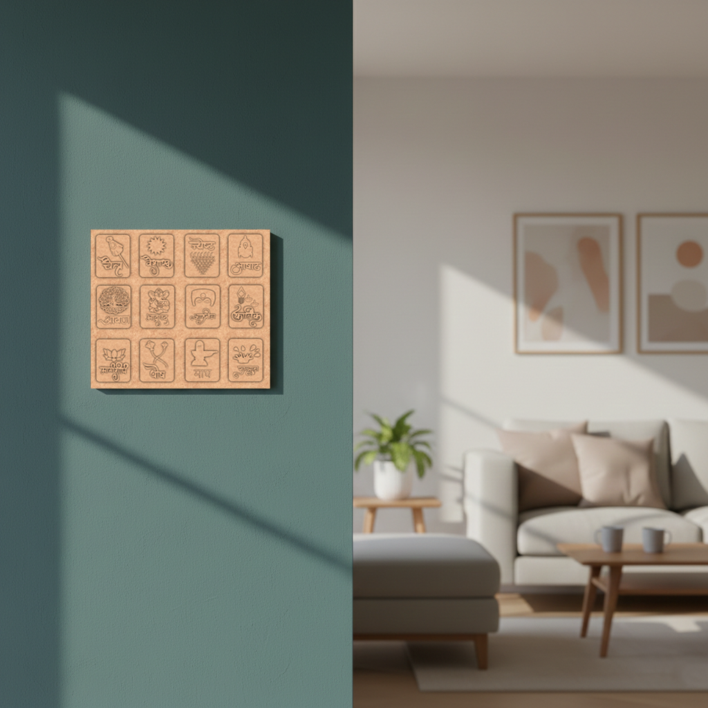 MDF DIY wall art on a teal wall with a living room in the background