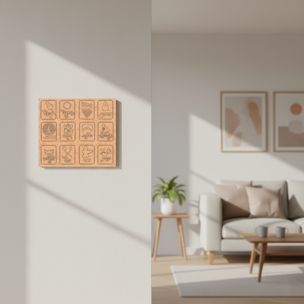MDF DIY  wall art with symbols in a living room setting