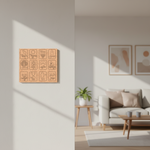 MDF DIY  wall art with symbols in a living room setting