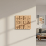 MDF DIY  wall art with engraved symbols in a living room setting