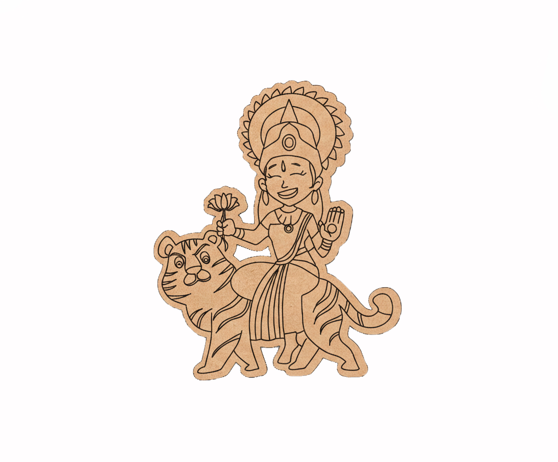 MDF DIY cutout of a deity riding a tiger on a white background
