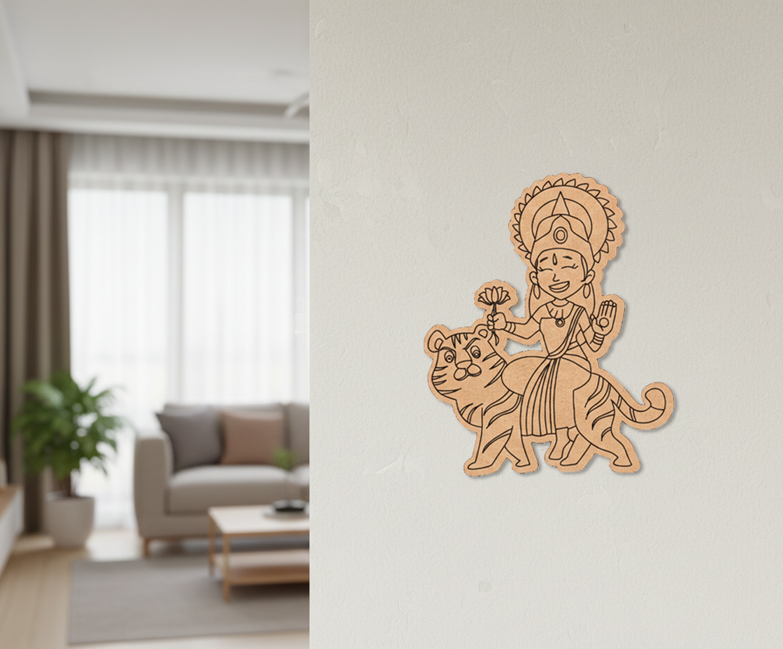 Decorative MDF DIY  wall art of a deity on a white wall in a living room.