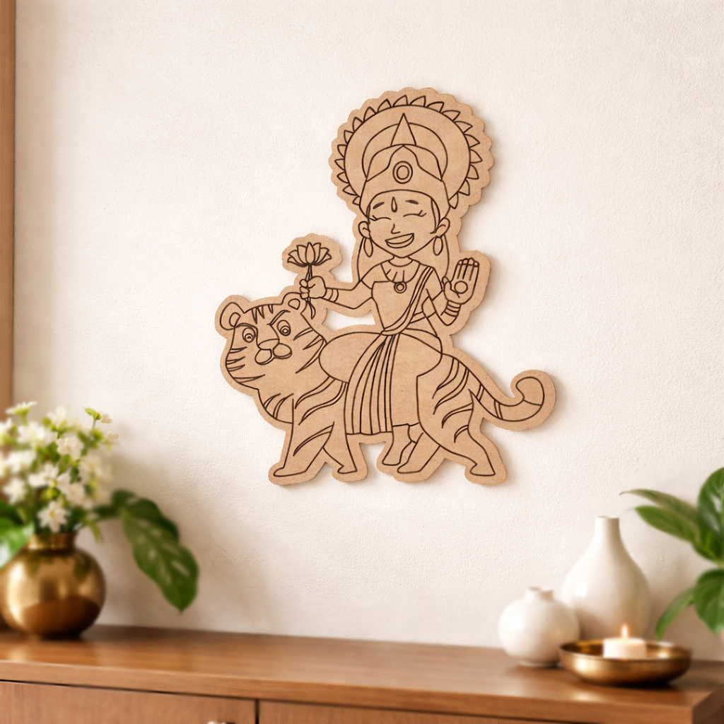 MDF DIY wall art of a deity on a tiger in a home setting with decor items.